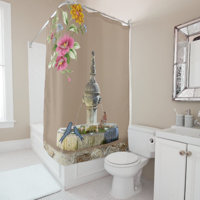 Rideau de douche Oiseaux floraux Pierres Beige (En situation)