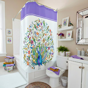 Rideau de douche paon floral aquarelle