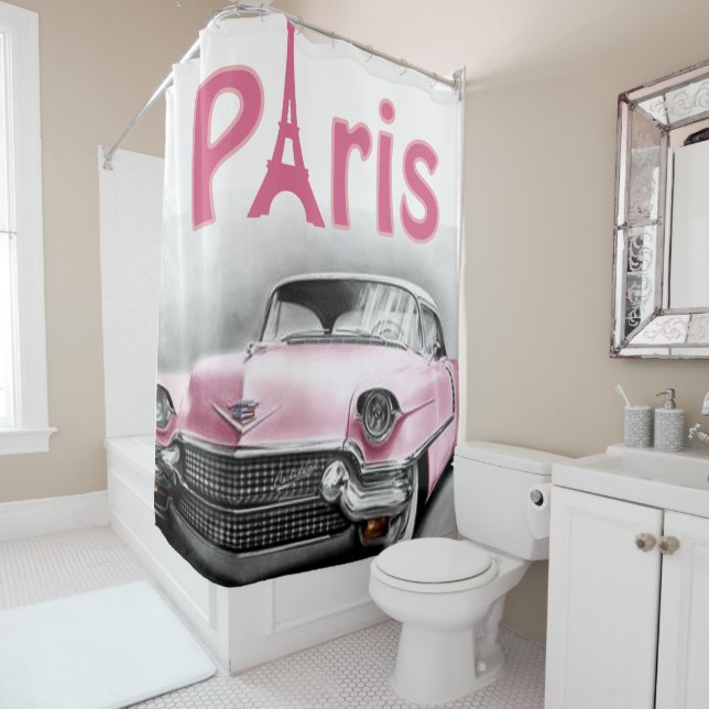 Rideau de douche Paris France, Voiture rose (En situation)
