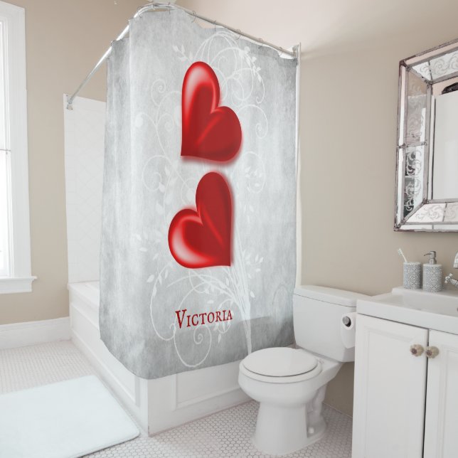 Rideau de douche personnalisé aux Coeurs rouges (En situation)