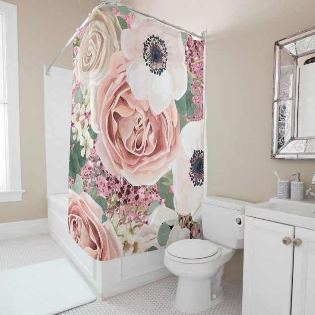 Rideau de douche personnalisé Rose de jardin géomé (En situation)