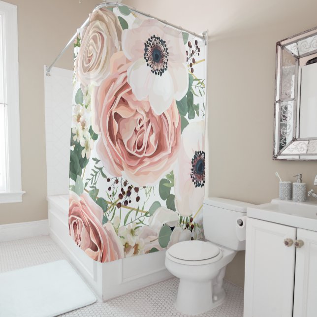 Rideau de douche personnalisé Rose de jardin géomé (En situation)