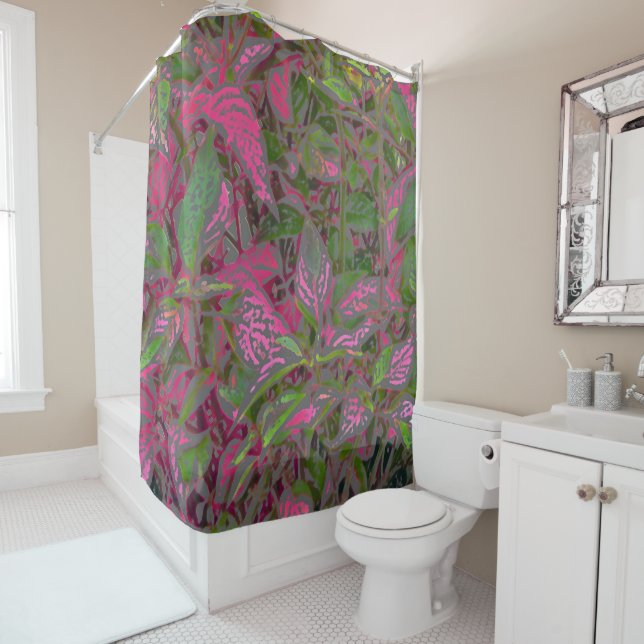rideau de douche/"ROSE ET DESIGN BOTANIQUE VERT (En situation)