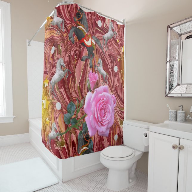 Rideau de douche Rose Rose Floral Chevaux (En situation)