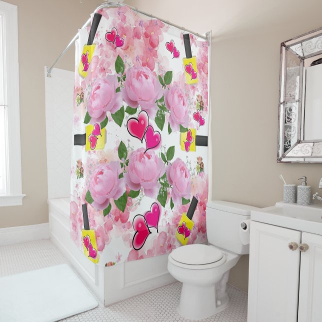 Rideau de douche Roses rose Clou jaune Coeur polon (En situation)