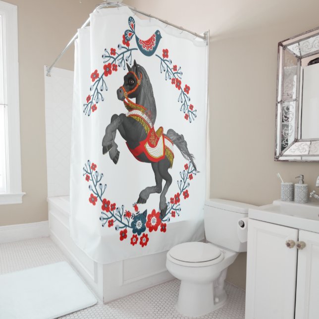 Rideau de douche Rouge bleu Floral Horse (En situation)