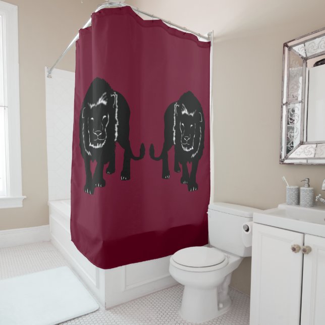 Rideau de douche rouge foncé avec Lions ou Choisis (En situation)