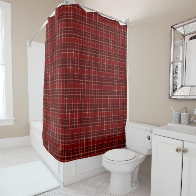 Rideau de douche Tartan écossais rouge et marron (En situation)