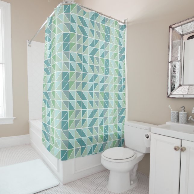 Rideau de douche triangle abstrait bleu vert gris (En situation)