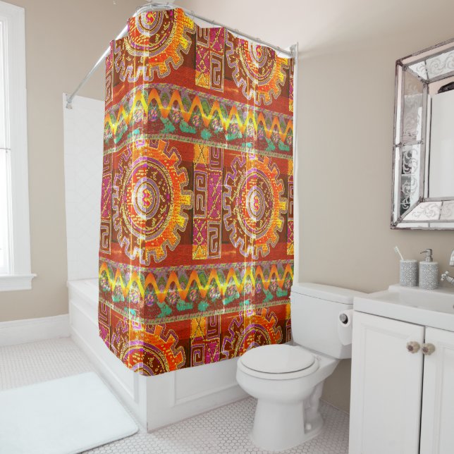 Rideau de douche tribal géométrique vintage (En situation)