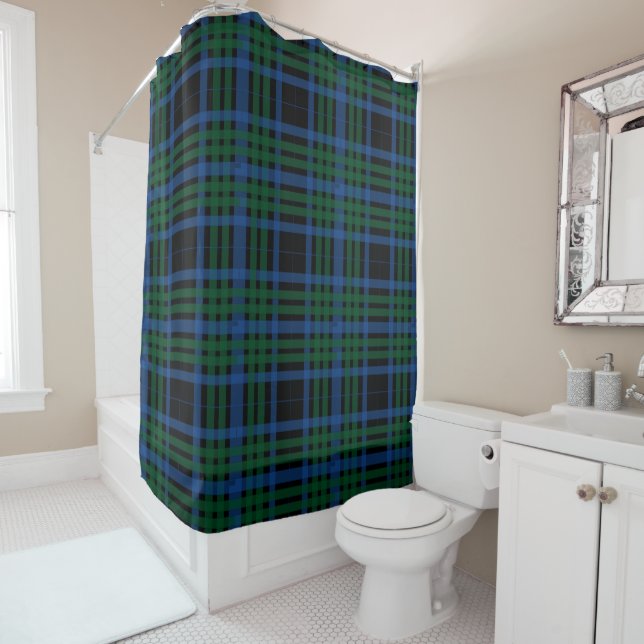 Rideau en douche bleu et vert de plaid (En situation)