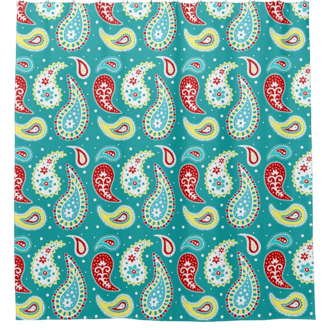 Rideau en douche jaune rouge turquoise de motif de (Devant)