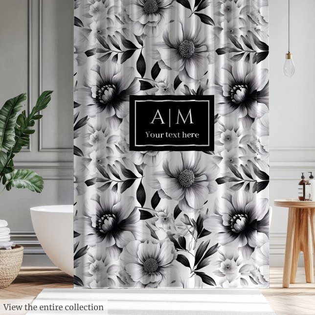 Rideau floral moderne noir et blanc pour salle de  (Modern black and white floral curtain for bath)