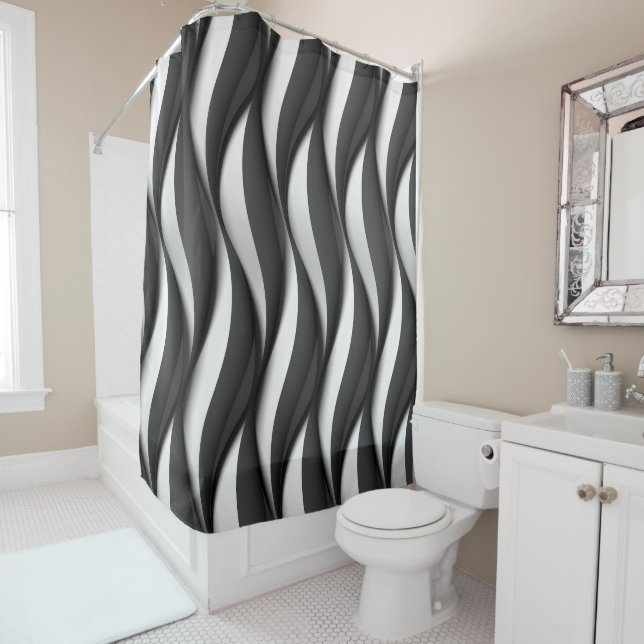 Rideaux De Douche 3 Motif noir et blanc ondulé Dimensional (En situation)