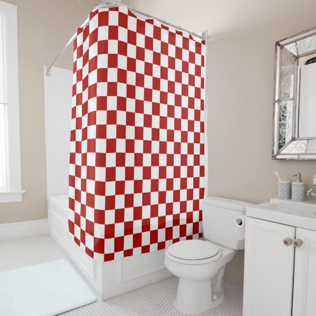 Rideaux De Douche à damiers carré rouge blanc rétro (En situation)
