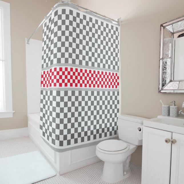 Rideaux De Douche À damiers gris blanc rouge (En situation)