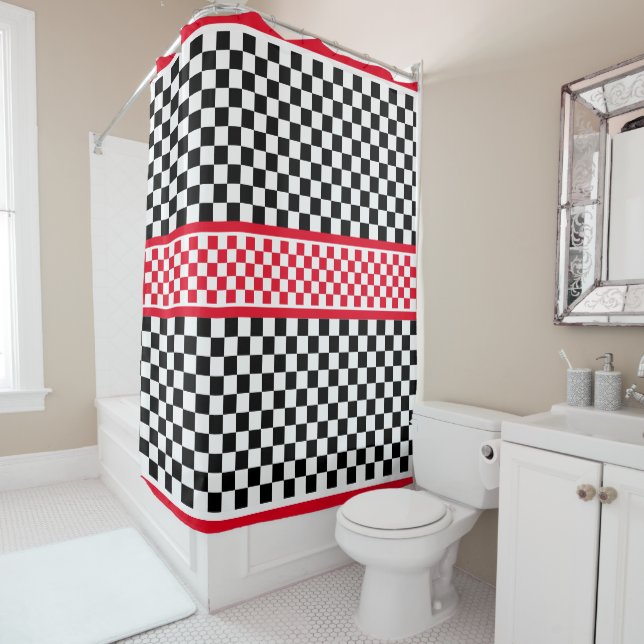 Rideaux De Douche À damiers noir blanc rouge (En situation)