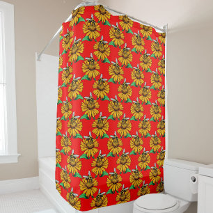 Rideaux De Douche Abeille sur motif de fleur de tournesol rouge