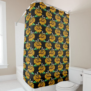 Rideaux De Douche Abeille sur Tournesol Fleur Motif Design Noir