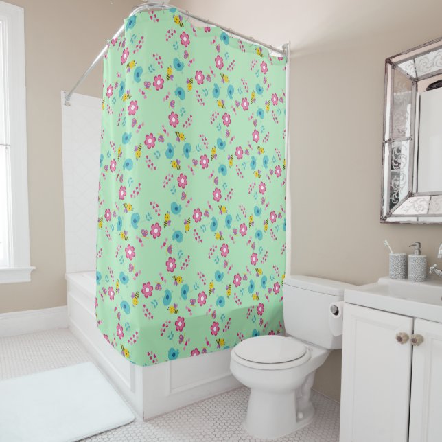 Rideaux De Douche Abeilles, oiseaux et fleurs vert motif (En situation)