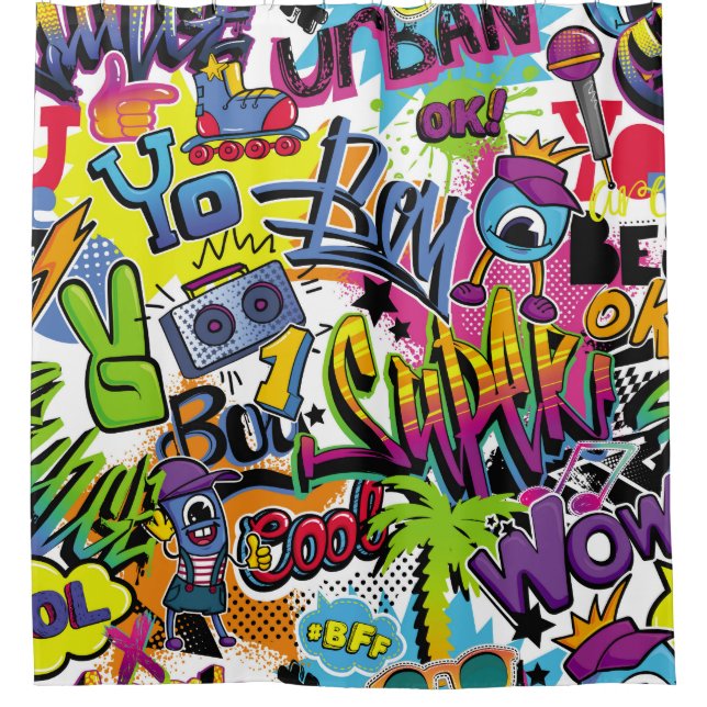 Rideaux De Douche Abstract seamless comics pattern with palm tree, h (Devant)