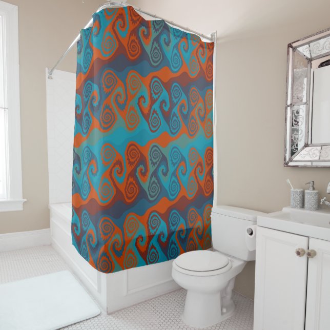 Rideaux De Douche Abstrait de tourbillon orange et turquoise (En situation)