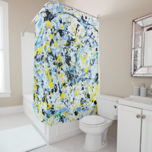 Rideaux De Douche Abstrait en bleu, jaune et noir