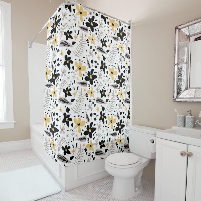 Rideaux De Douche Abstrait Gris jaune noir gris sans joint motif flo (En situation)