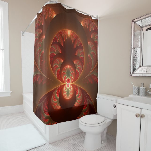 Rideaux De Douche Abstrait lumineux rouge orange moderne Fractal (En situation)