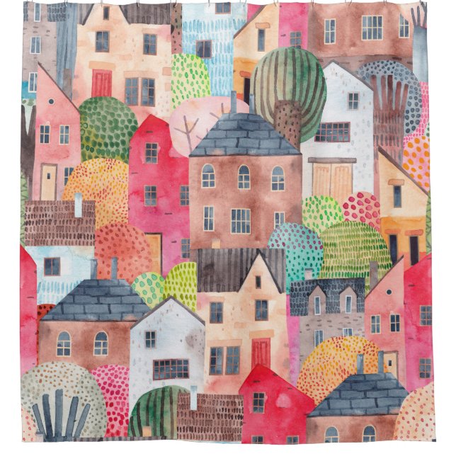 Rideaux De Douche Abstrait motif sans couture avec maisons. Aquarell (Devant)