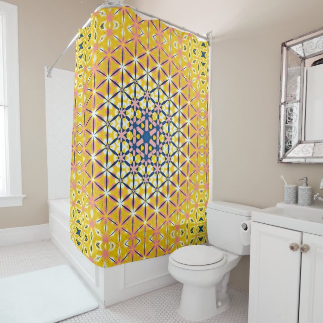 Rideaux De Douche Abstrait rose jaune floral (En situation)
