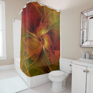 Rideaux De Douche Abstrait Rouge Orange Brown Vert Fractal Art Flowe