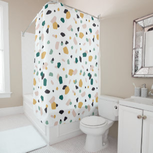 Rideaux De Douche Abstrait Terrazzo Green Orange Rose Motif noir