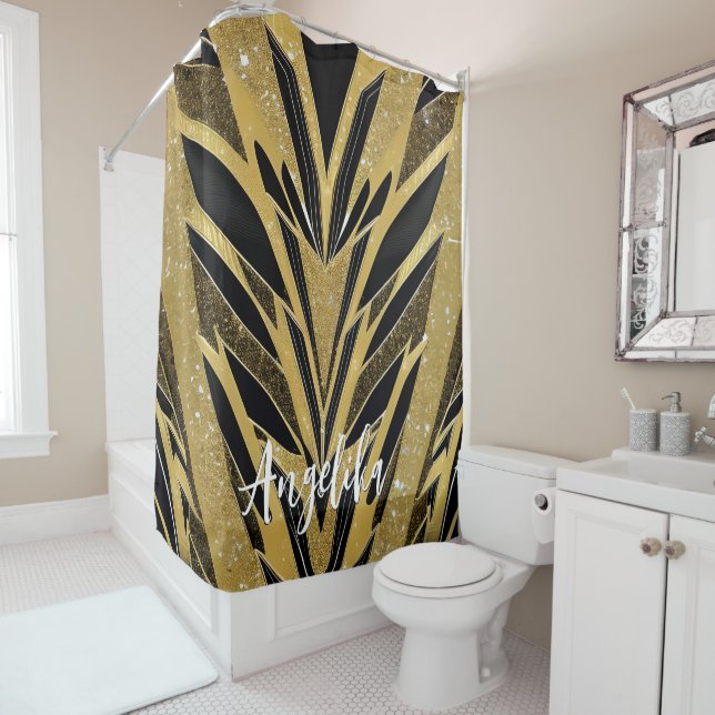 Rideaux De Douche Abstrait Zigzag Chevron Black and Gold Custom (En situation)