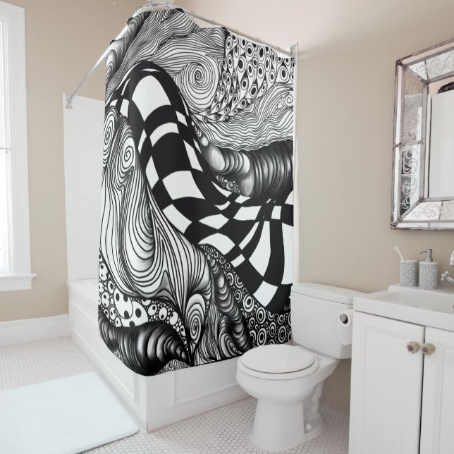 Rideaux De Douche Abstraite ligne noire et blanche (En situation)
