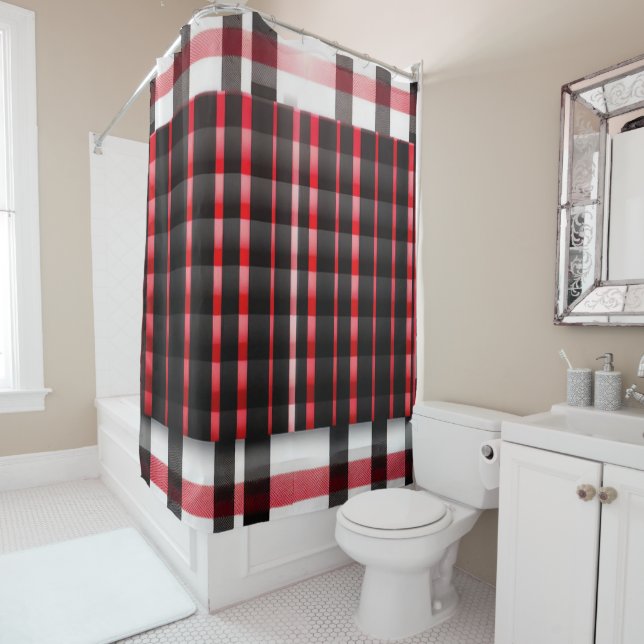 Rideaux De Douche Abstraite Rouge Noir Plaid Collection moderne (En situation)