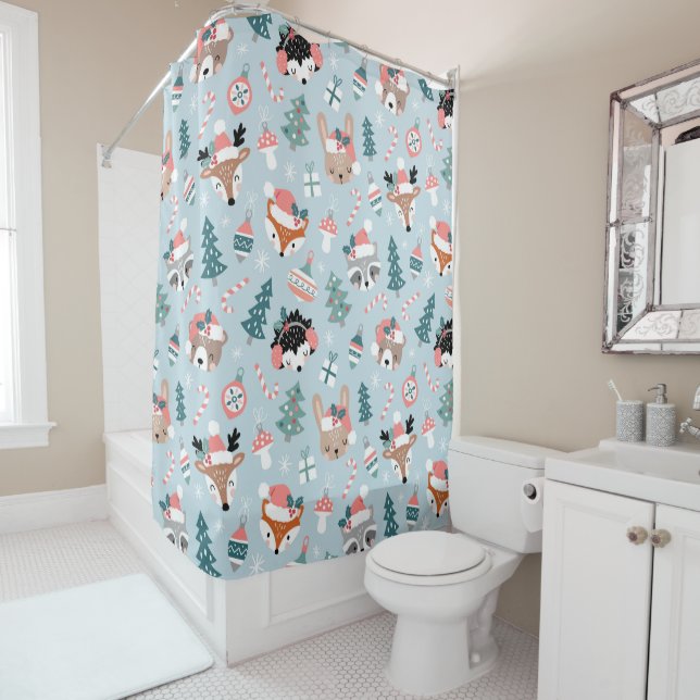 Rideaux De Douche Adorable Bois Noël Animal Visages Motif (En situation)