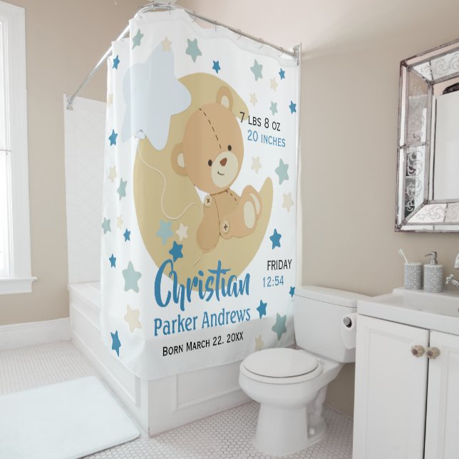 Rideaux De Douche Adorable Teddy Bear Baby Boy Stats de naissance (En situation)