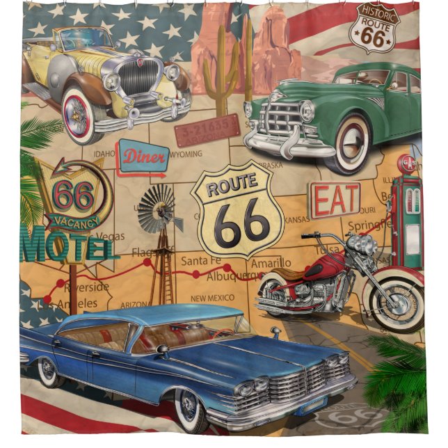 Rideaux De Douche Affiche vintage Route 66. (Devant)