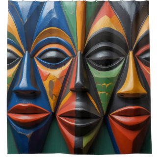 Rideaux De Douche African Tribal  Masks Trio Dynamic Symmetry