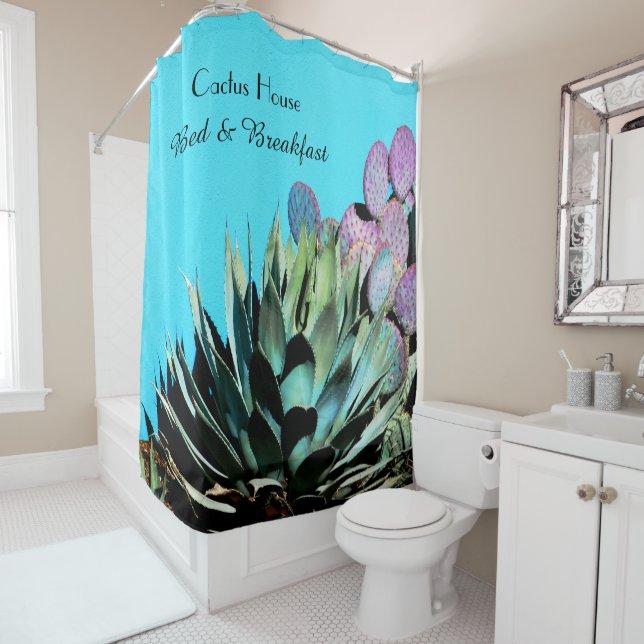 Rideaux De Douche Agave and Pricky Pear Cactus on Turquoise Wall (En situation)