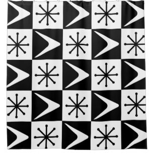 Rideaux De Douche Âge atomique À damiers Boomerangs noir blanc