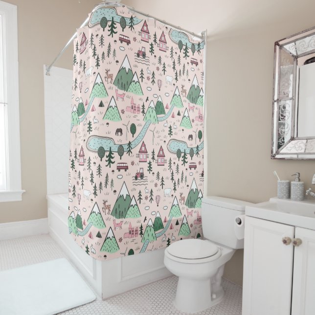 Rideaux De Douche Agritourisme scandinave Motif rose (En situation)