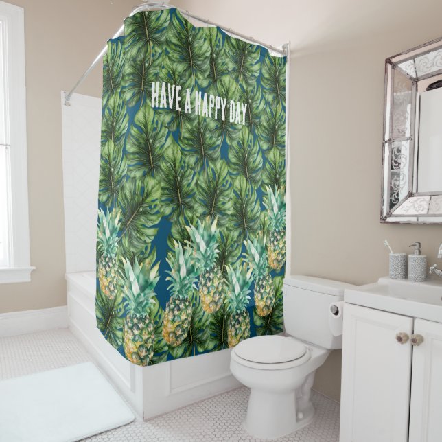 Rideaux De Douche Aiguilles Feuilles tropicales bleues (En situation)