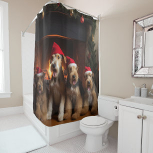 Rideaux De Douche Airedale au coin du feu de Noël