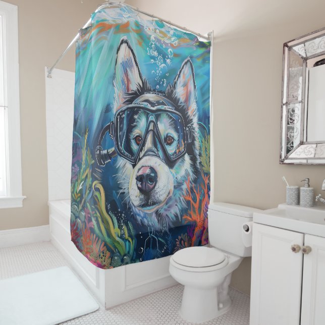 Rideaux De Douche Alaskan Malamute Chien Plongée sous-marine (En situation)