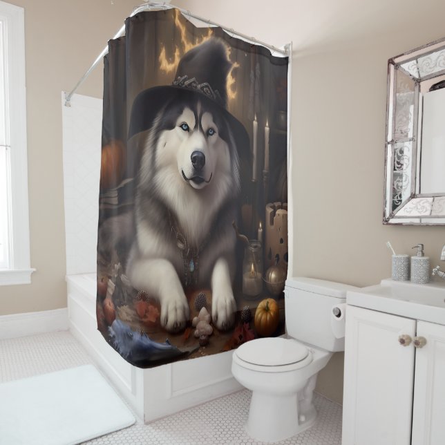 Rideaux De Douche Alaskan Malamute Citrouilles Halloween effrayant (En situation)