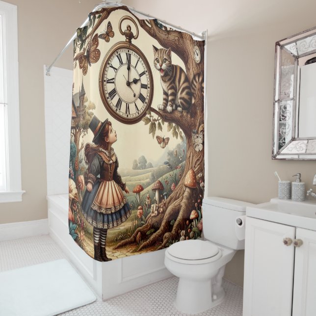Rideaux De Douche Alice & Cheshire Cat: Whimsical Wonderland Fantasy (En situation)