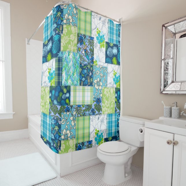 Rideaux De Douche Aloha Patchwork Hawaiian Tropical Prints - Turquoi (En situation)
