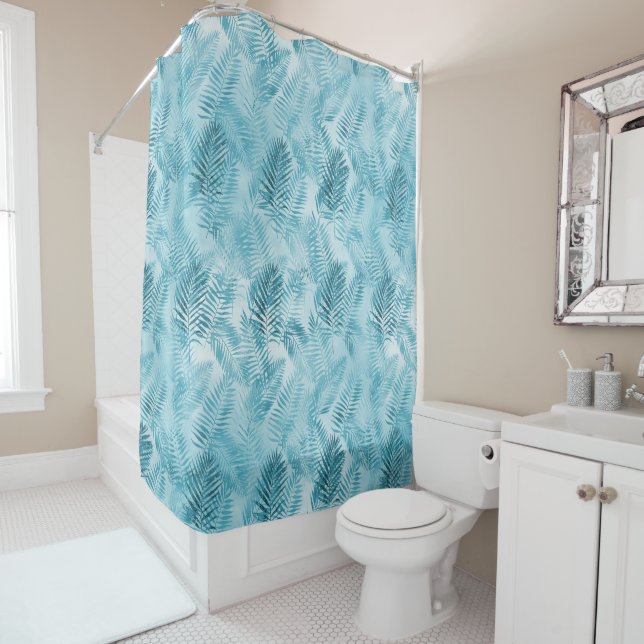 Rideaux De Douche Aloha Tropical Aqua Feuilles Bleus (En situation)